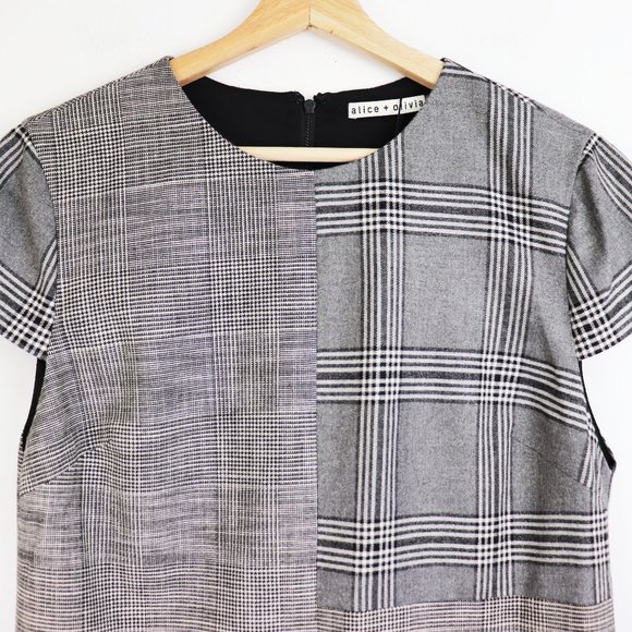 NWT Alice + Olivia Coley Plaid Dress Contrast Print Short Sleeve Black White 10 - Picture 8 of 9